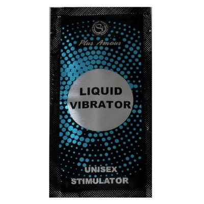 Embalagem preta com padrão de pontos azuis e texto em prata LIQUID VIBRATOR