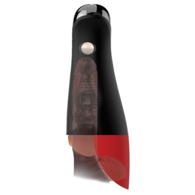 Produto eletrônico preto com botão prateado e detalhe vermelho na base