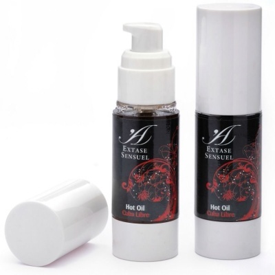 Dois frascos brancos de óleo Hot Oil Cuba Libre da Extase Sensuel com rótulos preto e vermelho
