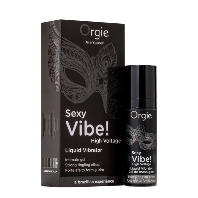 Gel íntimo Orgie Sexy Vibe! High Voltage com embalagem preta e máscara decorativa cinza