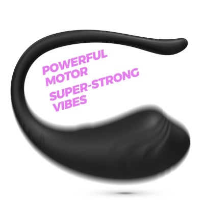 Produto preto curvo com texto rosa POWERFUL MOTOR SUPER-STRONG VIBES