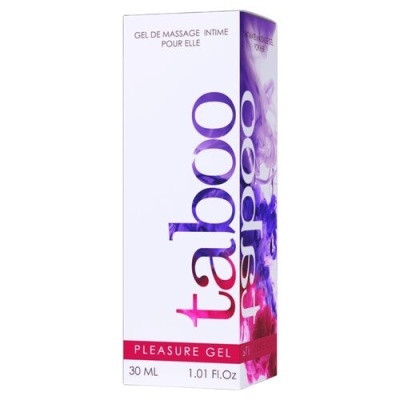 Embalagem branca de gel íntimo feminino com textos e design em tons roxos e vermelhos