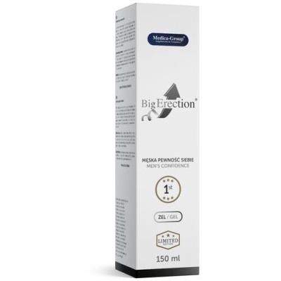 Embalagem branca e preta do gel Big Erection para homem com textos e selo de edição limitada.