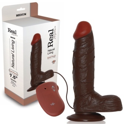 Dildo vibratório castanho com glande vermelha e comando remoto vermelho, junto à embalagem com texto