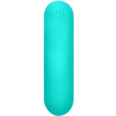 Dispositivo cilíndrico azul turquesa com botão de ligar/desligar