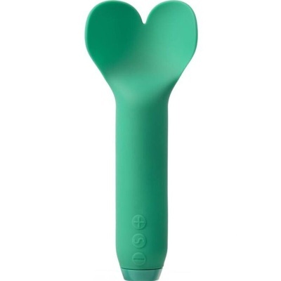 Vibrador verde com forma de coração na ponta e botões em relevo.
