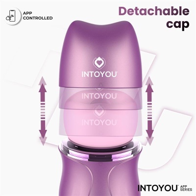 Produto roxo com tampa destacável e texto INTOYOU, controle por app, fundo branco