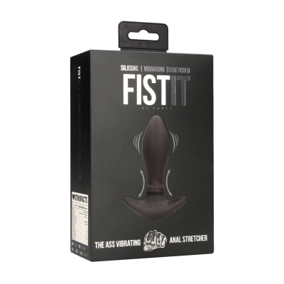 Embalagem preta com texto FIST IT e imagem de esticador anal vibratório de silicone preto