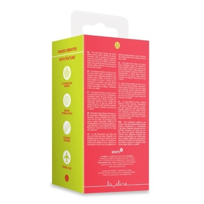 Embalagem colorida de vibrador de dedo com ícones e texto multilíngue