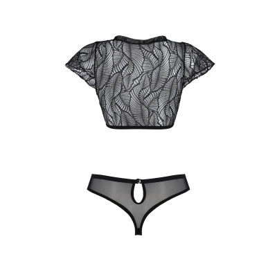Conjunto lingerie feminina preto com top em renda e calcinha com recorte em lágrima