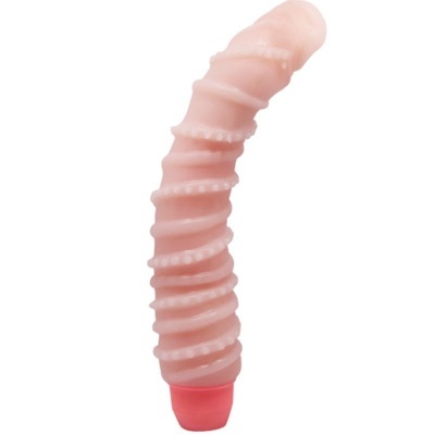 Objeto alongado rosa claro com textura espiralada e base vermelha