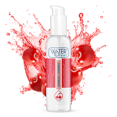 Frasco de gel Water feel com aroma cereja, com cerejas e splash vermelho ao fundo