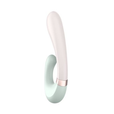 Vibrador em silicone branco e verde-água com acabamento metálico