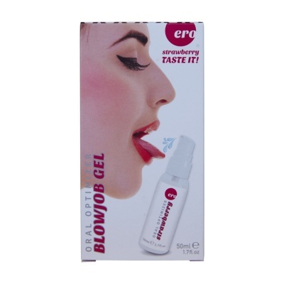 Embalagem branca com imagem de mulher de perfil e texto promocional para gel oral sabor morango