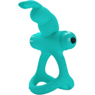 Anel vibratório turquesa de silicone com extensão curva e cápsula vibratória preta