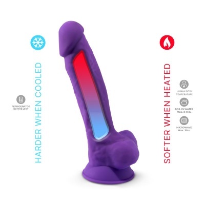 Produto sexual roxo com ventosa e indicações de temperatura