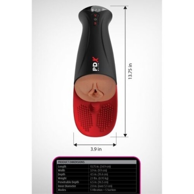 Dispositivo erótico preto e vermelho com controle digital e texto PD X