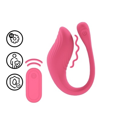 Produto rosa em silicone com controle remoto e ícones pretos sobre fundo branco