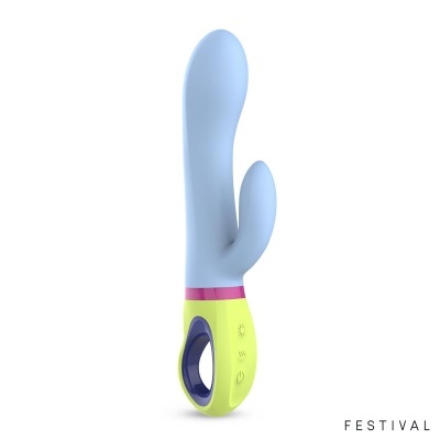 Vibrador azul com pega verde e botões de controlo