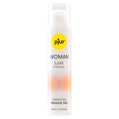 Frasco de gel vibratório pjur WOMAN Lust Intense com texto e detalhes laranja.