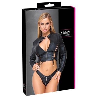Conjunto feminino preto imitação pele com fecho e atilhos laterais na embalagem