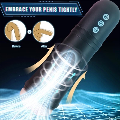 Dispositivo preto cilíndrico com botões e texto EMBRACE YOUR PENIS TIGHTLY