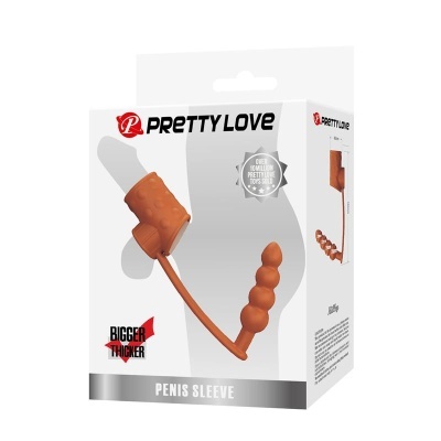 Embalagem de Pretty Love Penis Sleeve castanho com textura e contas.