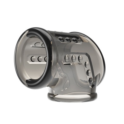 Conector plástico transparente cinza em forma de T com bordas pretas