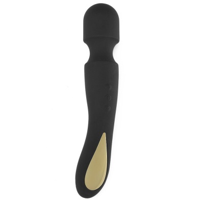 Vibrador preto com detalhe dourado e botões no centro
