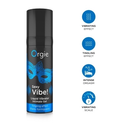 Frasco preto com máscara azul e texto de gel íntimo vibratório