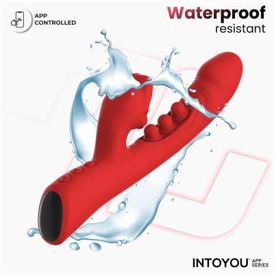 Vibrador vermelho à prova de água com gotas de água e texto de controlo por aplicação