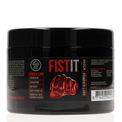 Embalagem preta do lubrificante em pó FIST IT com texto e imagem de punho vermelho.