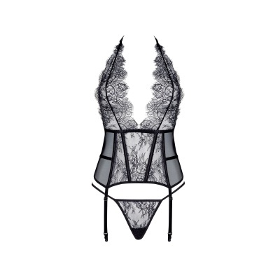 Conjunto de lingerie preta em renda floral com corpete e tanga sobre fundo branco.
