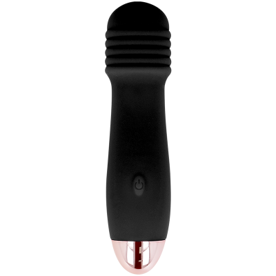 Vibrador preto com detalhes metálicos rosa e ranhuras na ponta