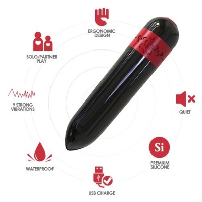 vibrador preto com detalhe vermelho e ícones informativos ao redor