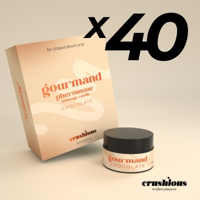 Vela de massagem chocolate gourmand com embalagem bege e tampa preta