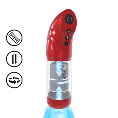 Dispositivo cilíndrico vermelho com visor digital e botões pretos, com efeitos azuis digitais no cilindro transparente.