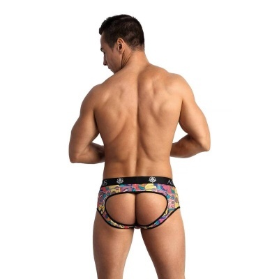 Cueca jockstrap colorida com corte aberto na parte traseira vista de costas