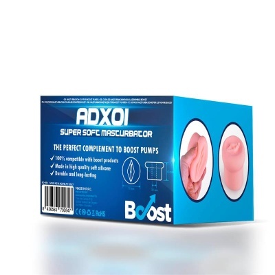 Embalagem azul de masturbador de silicone macio ADXOI com imagens do produto e texto em inglês