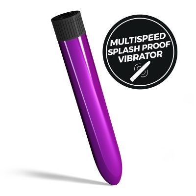 Vibrador roxo multivelocidade com tampa preta e selo com texto