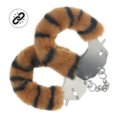 Algemas metálicas com revestimento felpudo castanho e preto tipo tigre