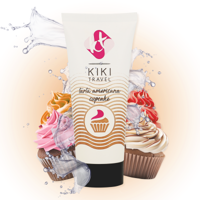 Tubo de produto com rótulo de cupcake e cupcakes coloridos ao fundo