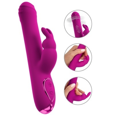 Vibrador roxo em silicone com coelho e botões de controlo