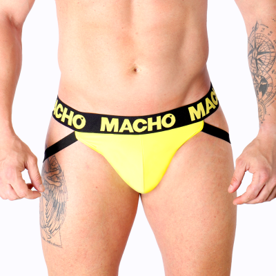Cueca jockstrap amarela com elástico preto e texto AMACHO
