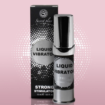 Frasco prateado e embalagem preta com pontos brancos com texto LIQUID VIBRATOR