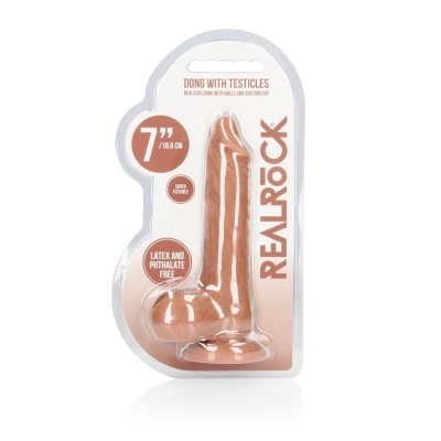 Dildo realista com testículos e ventosa na embalagem
