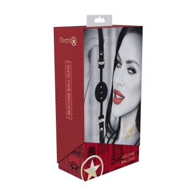 Embalagem de Silicone Ball Gag com imagem a preto e branco de mulher segurando o produto preto de silicone