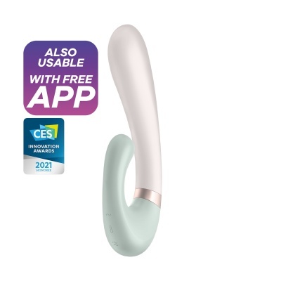 Dispositivo sexual moderno branco e verde com selo CES e indicação uso via app