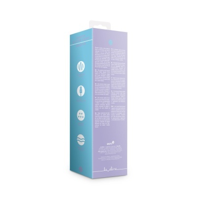 Embalagem azul e lilás de vibrador de silicone Smooth Silicone Rabbit Vibrator com texto e ícones
