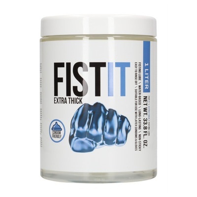Frasco branco com etiqueta FISTIT e punho azul